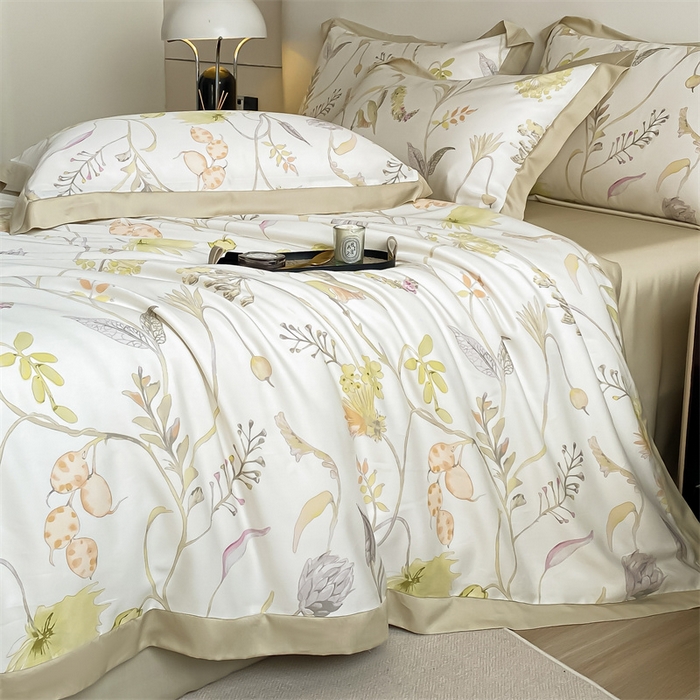 91家纺网 家纺一手货源 找家纺 蓝米卡夫 2024新品-A类50支新时尚天丝印花拼角款系列 百卉