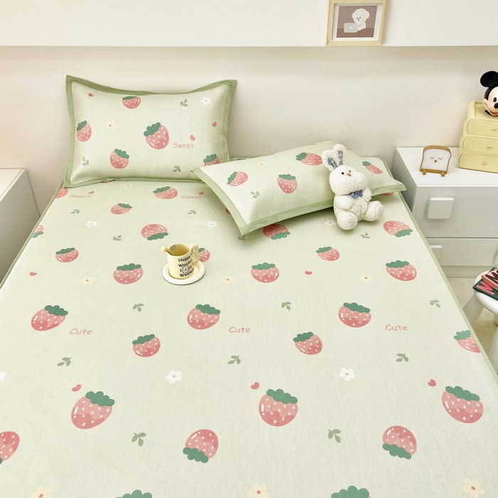 91家纺网 家纺一手货源 找家纺 全季家居 2024新款5A抗菌小清新数码印花冰藤席 床笠款-草莓