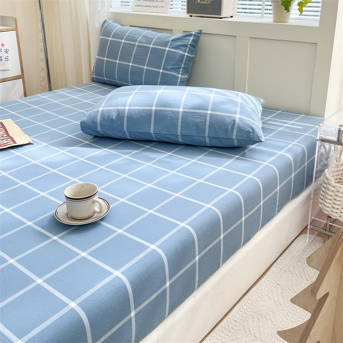 91家纺网 家纺一手货源 找家纺 北欧良品 2024新款水洗棉单品床笠、床单--格纹款（床笠、床单） 海蓝大格
