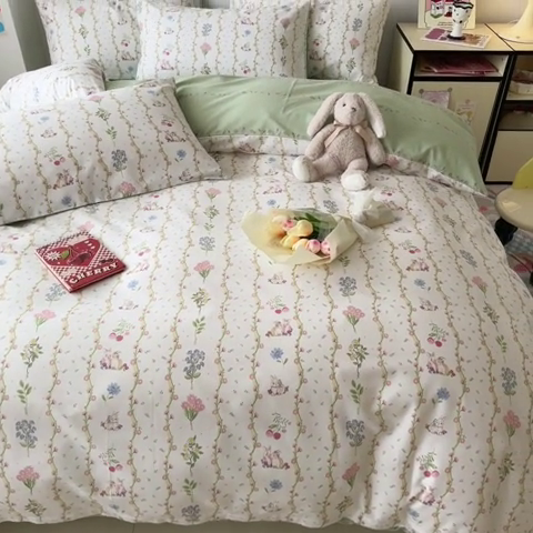 91家纺网 家纺一手货源 找家纺 慕尚 2025新款13070全棉小清新四件套 兔兔奇遇