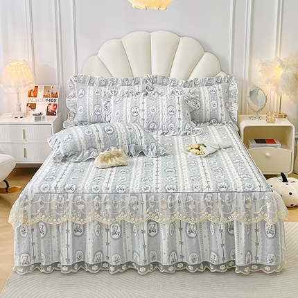 宜凡家纺 2024新款全棉夹棉印花床裙系列四件套 法式熊