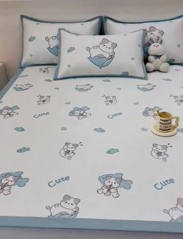 91家纺网 家纺一手货源 找家纺 全季家居 2024新款5A抗菌小清新数码印花冰藤席 床席款-贪吃小猫