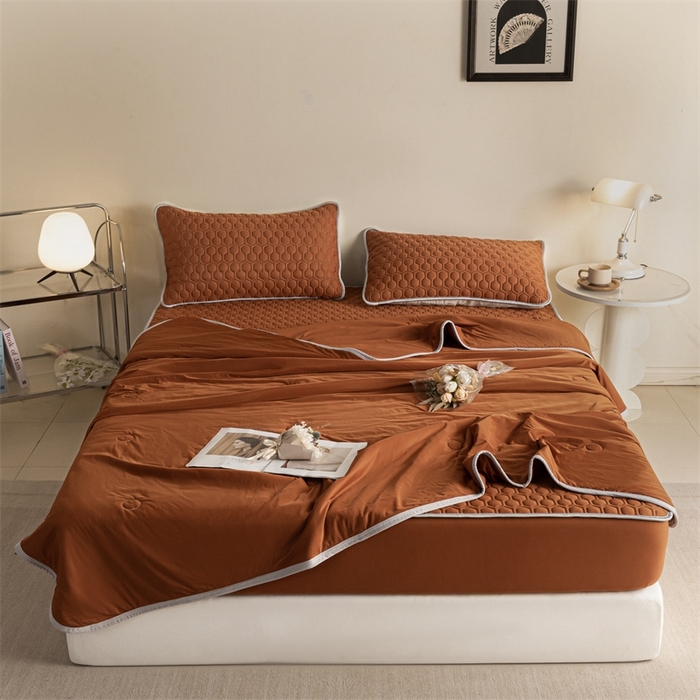 91家纺网 家纺一手货源 找家纺 欧邦 新款纯色A类凉感丝乳胶床笠三件套 椰棕色