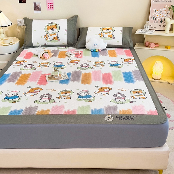 91家纺网 家纺一手货源 找家纺 全季家居 2024新款A类抗菌数码印花冰藤席三件套 床笠款-狗狗家族