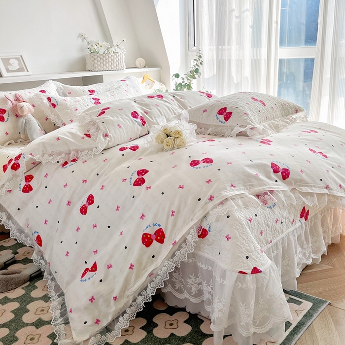 91家纺网 家纺一手货源 找家纺 添越 2024新款雪纺蕾丝款纯棉床盖四件套 蝴蝶结