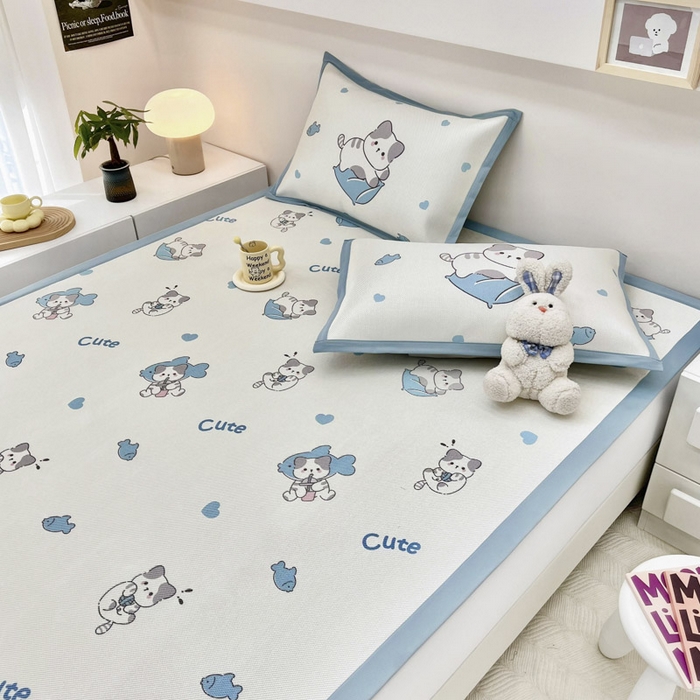 91家纺网 家纺一手货源 找家纺 全季家居 2024新款5A抗菌小清新数码印花冰藤席 床席款-贪吃小猫