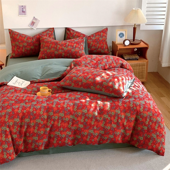 91家纺网 家纺一手货源 找家纺 2024新款全棉纯棉双层纱三层纱立体提花四件套 萨曼红