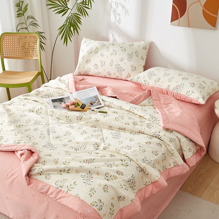 91家纺网 家纺一手货源 找家纺 海洋家纺 2025新款A类里外全棉棉花夏被四件套 风格二 碧叶粉黛