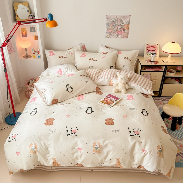 91家纺网 家纺一手货源 找家纺 慕尚 2025新款13070全棉小清新四件套 动物乐园