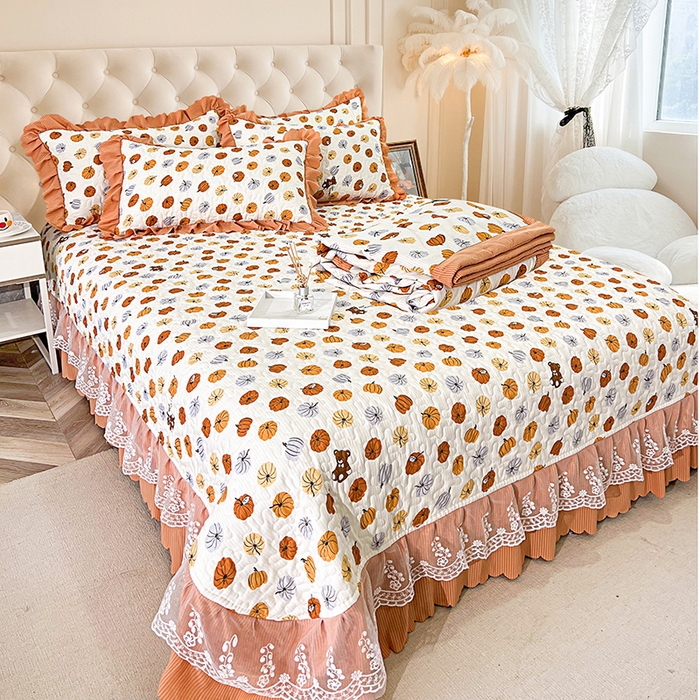 91家纺网 家纺一手货源 找家纺 梦柏家纺 2024新款亲肤泡泡棉夹棉床盖夏被四件套 小南瓜