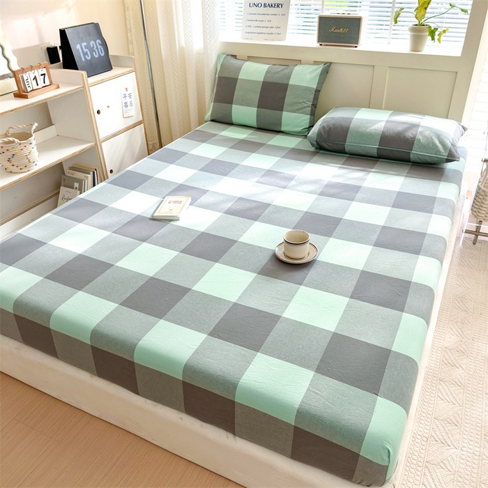 91家纺网 家纺一手货源 找家纺 北欧良品 2024新款水洗棉单品床笠、床单--格纹款（床笠、床单） 灰绿大格