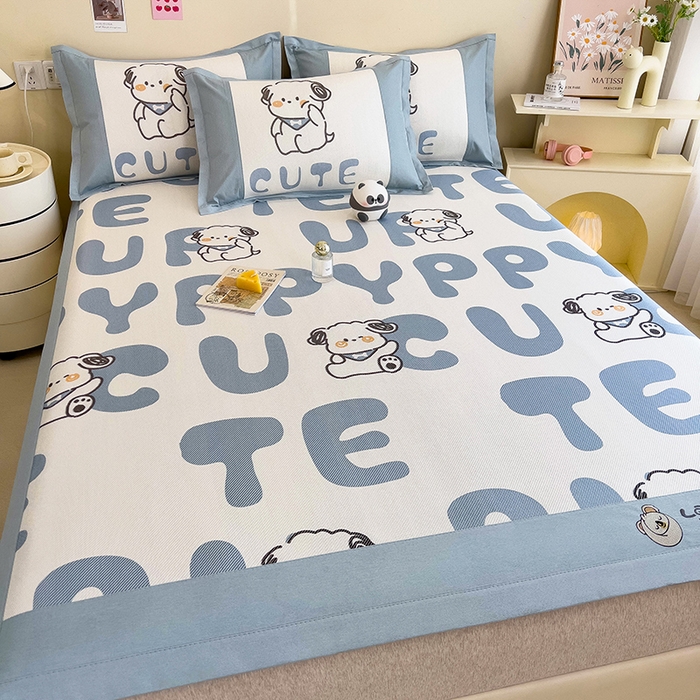 91家纺网 家纺一手货源 找家纺 全季家居 2024新款A类抗菌数码印花冰藤席三件套 床席款-字母小狗