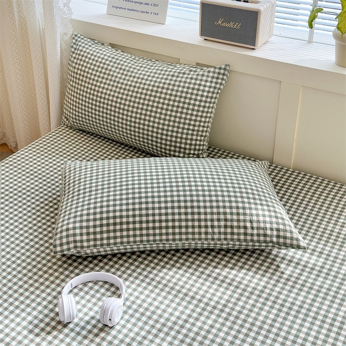 91家纺网 家纺一手货源 找家纺 北欧良品 2024新款水洗棉单品床笠、床单--格纹款（床笠、床单） 草绿小格