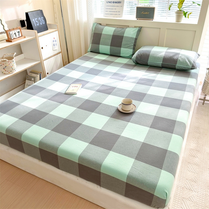 91家纺网 家纺一手货源 找家纺 北欧良品 2024新款水洗棉单品床笠、床单--格纹款（床笠、床单） 灰绿大格