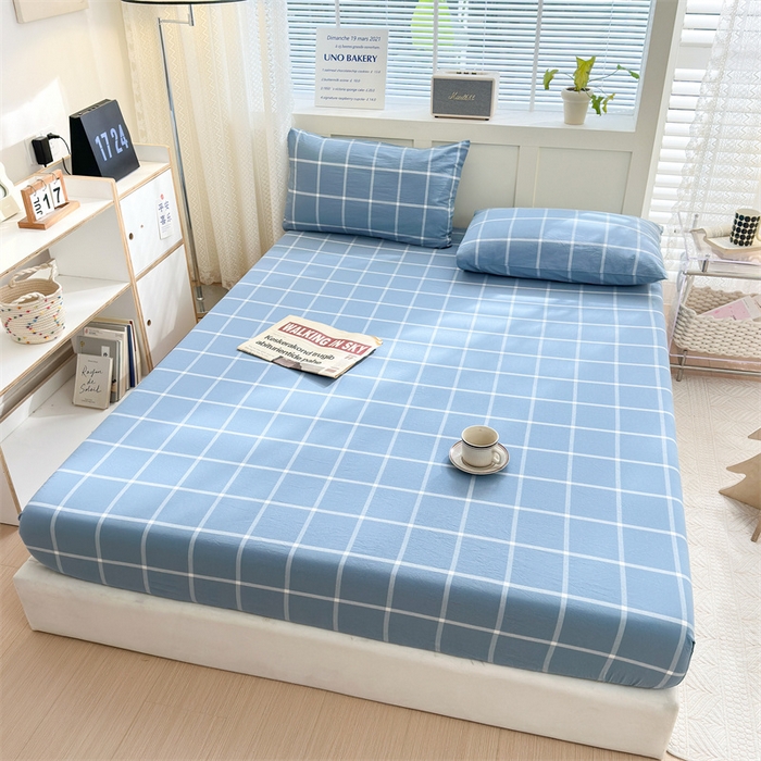 91家纺网 家纺一手货源 找家纺 北欧良品 2024新款水洗棉单品床笠、床单--格纹款（床笠、床单） 海蓝大格