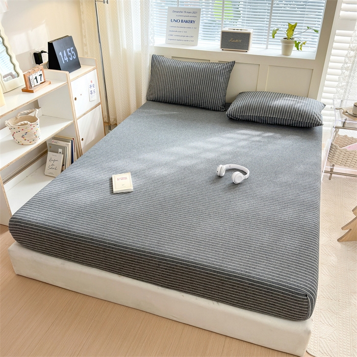 91家纺网 家纺一手货源 找家纺 北欧良品 2024新款水洗棉单品床笠、床单--格纹款（床笠、床单） 极简条灰