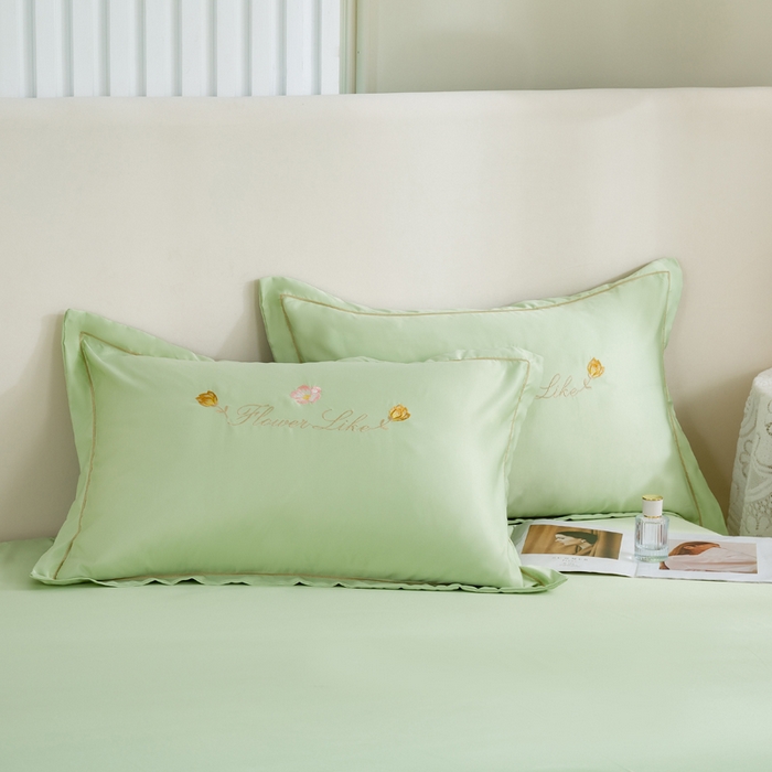 91家纺网 家纺一手货源 找家纺 银石-床裙款水洗真丝绣花四件套 果绿