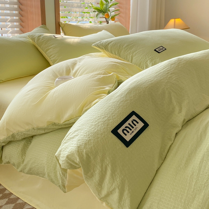 91家纺网 家纺一手货源 找家纺 梦之岛 2024miu贴标水洗磨毛华夫格四件套 miumiu -黄绿