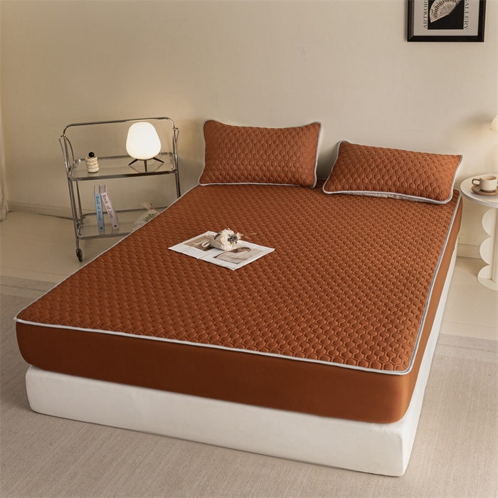 91家纺网 家纺一手货源 找家纺 欧邦 新款纯色A类凉感丝乳胶床笠三件套 椰棕色