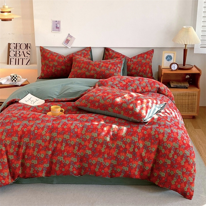 91家纺网 家纺一手货源 找家纺 2024新款全棉纯棉双层纱三层纱立体提花四件套 萨曼红