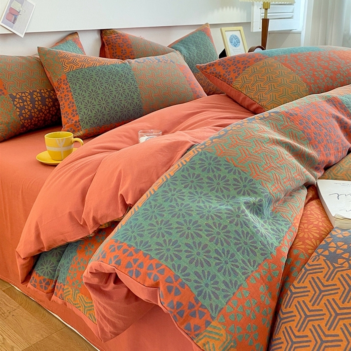 91家纺网 家纺一手货源 找家纺 2024新款全棉纯棉双层纱三层纱立体提花四件套 百福