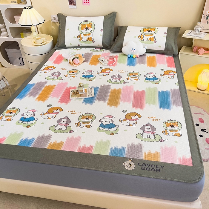 91家纺网 家纺一手货源 找家纺 全季家居 2024新款A类抗菌数码印花冰藤席三件套 床笠款-狗狗家族