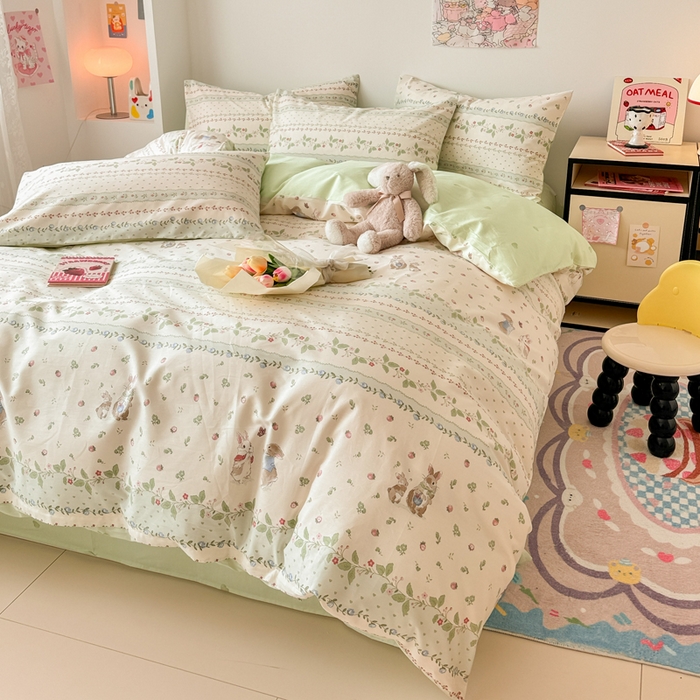 91家纺网 家纺一手货源 找家纺 慕尚 2025新款13070全棉小清新四件套 叮叮兔