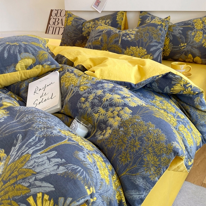 91家纺网 家纺一手货源 找家纺 2024新款全棉纯棉双层纱三层纱立体提花四件套 森林奇境