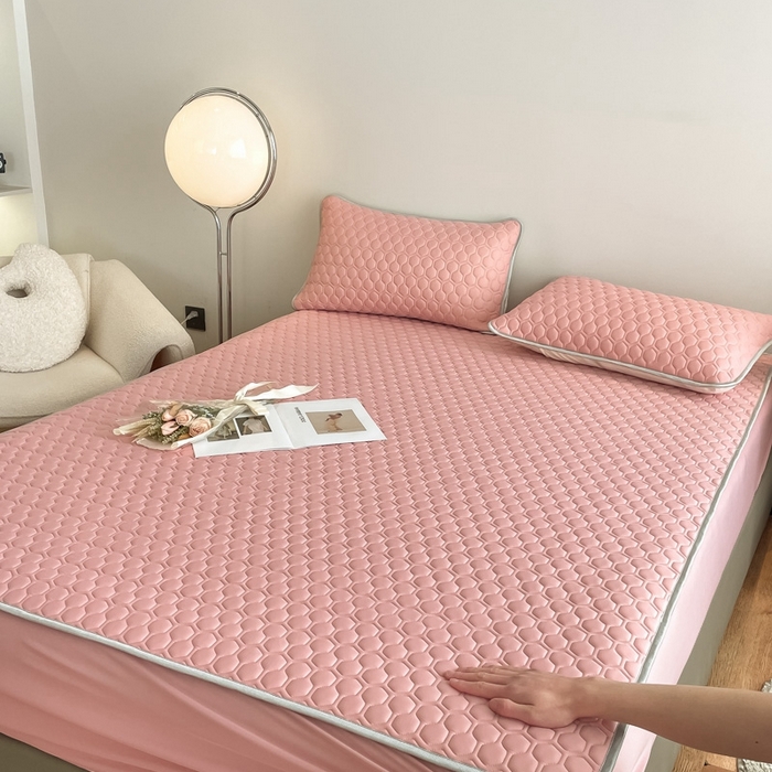 91家纺网 家纺一手货源 找家纺 欧邦 新款纯色A类凉感丝乳胶床笠三件套 樱花粉