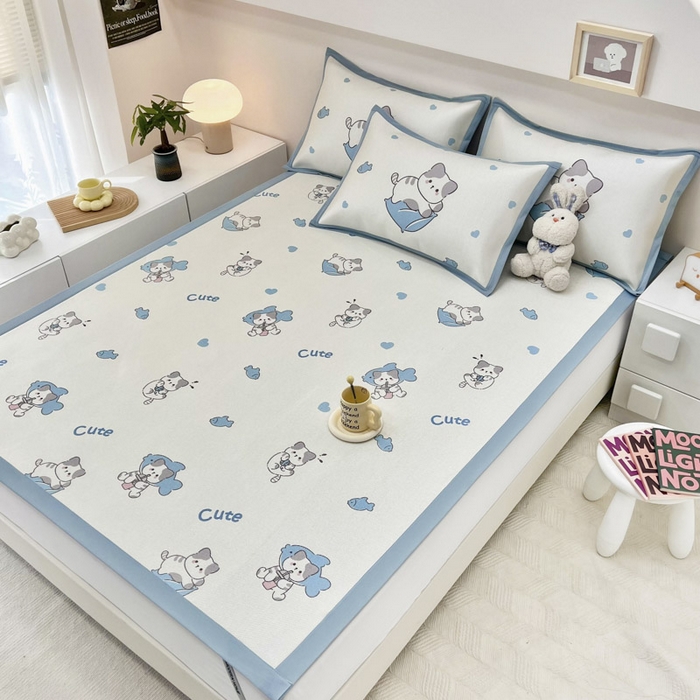 91家纺网 家纺一手货源 找家纺 全季家居 2024新款5A抗菌小清新数码印花冰藤席 床席款-贪吃小猫