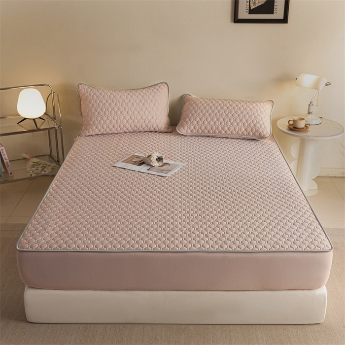 91家纺网 家纺一手货源 找家纺 欧邦 新款纯色A类凉感丝乳胶床笠三件套 苏梅粉