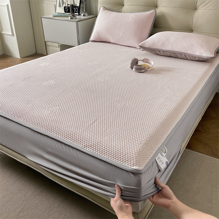 91家纺网 家纺一手货源 找家纺 2024新款抗菌凉豆豆提花床笠款凉席-花朵系列 花朵-蜜桃粉