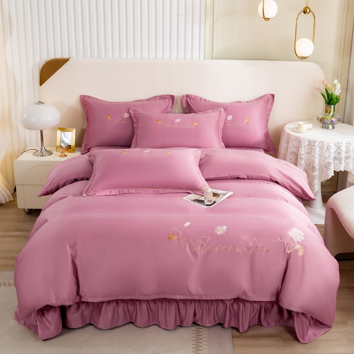 91家纺网 家纺一手货源 找家纺 银石-床裙款水洗真丝绣花四件套 紫豆沙