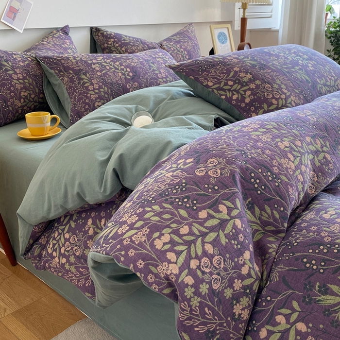 91家纺网 家纺一手货源 找家纺 2024新款全棉纯棉双层纱三层纱立体提花四件套 美好旋律