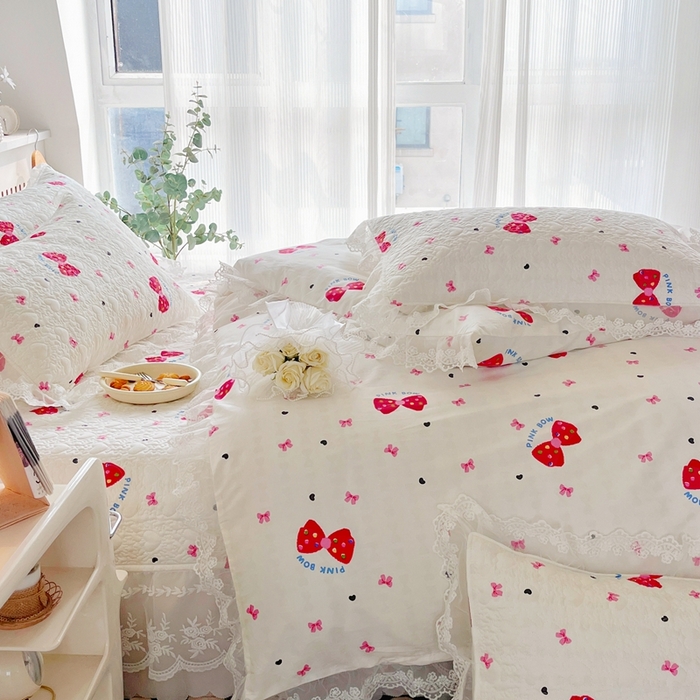 91家纺网 家纺一手货源 找家纺 添越 2024新款雪纺蕾丝款纯棉床盖四件套 蝴蝶结