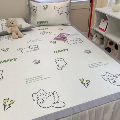 91家纺网 家纺一手货源 找家纺 2025新款慕尚600D数码印花冰丝凉席 慵懒猫