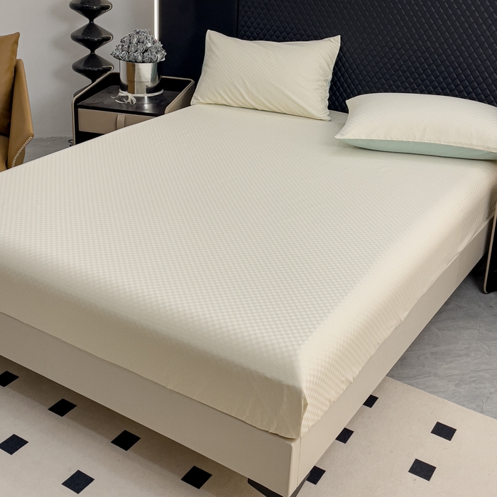 91家纺网 家纺一手货源 找家纺 金鑫汇 2024新款提花小方格全棉套件单品系列-单床笠 奶昔白-水绿