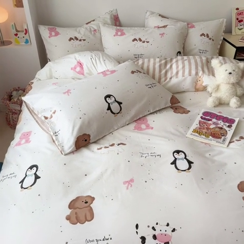 91家纺网 家纺一手货源 找家纺 慕尚 2025新款13070全棉小清新四件套 动物乐园