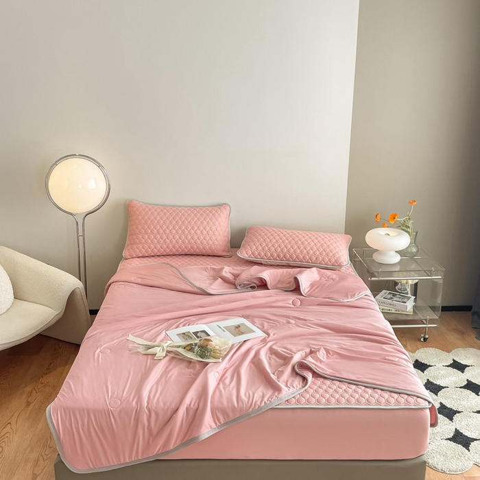 91家纺网 家纺一手货源 找家纺 欧邦 新款纯色A类凉感丝乳胶床笠三件套 樱花粉