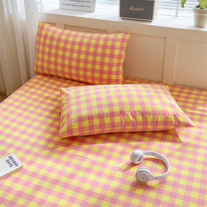 91家纺网 家纺一手货源 找家纺 北欧良品 2024新款水洗棉单品床笠、床单--格纹款（床笠、床单） 粉黄中格