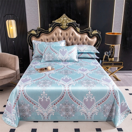 91家纺网 家纺一手货源 找家纺 坦客毯业 2025新款冰丝印花凉席三件套 欧式典雅绿