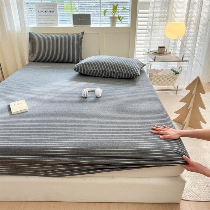 91家纺网 家纺一手货源 找家纺 北欧良品 2024新款水洗棉单品床笠、床单--格纹款（床笠、床单） 极简条灰