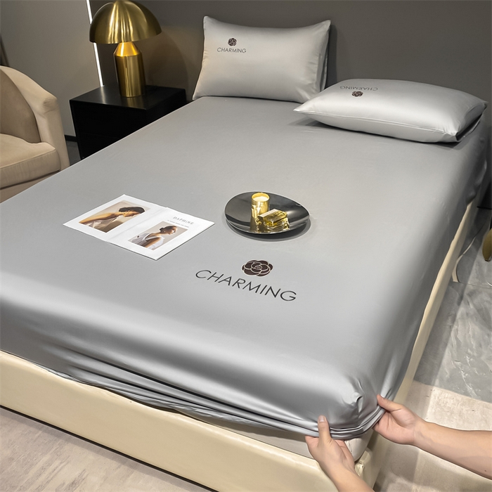 91家纺网 家纺一手货源 找家纺 古吉梦 2024新款水洗真丝冰丝床笠 冰丝-贝拉-浅灰