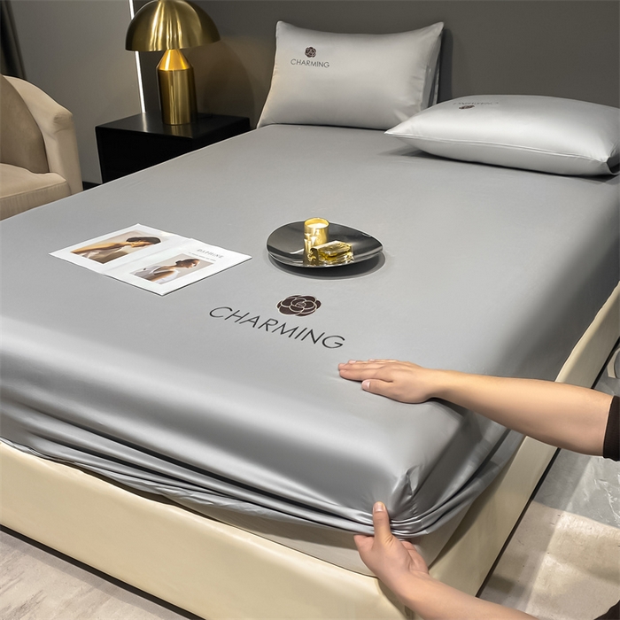 91家纺网 家纺一手货源 找家纺 古吉梦 2024新款水洗真丝冰丝床笠 冰丝-贝拉-浅灰