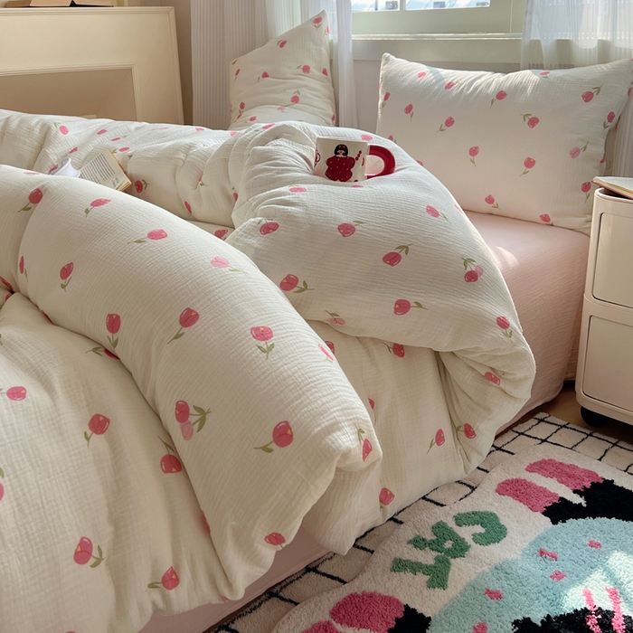 91家纺网 家纺一手货源 找家纺 盼季 2024新款A类母婴级水洗棉床上用品四件套卡通儿童床单被套宿舍三件套 粉色郁金香