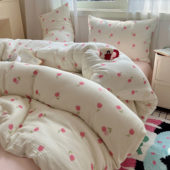 91家纺网 家纺一手货源 找家纺 盼季 2024新款A类母婴级水洗棉床上用品四件套卡通儿童床单被套宿舍三件套 粉色郁金香
