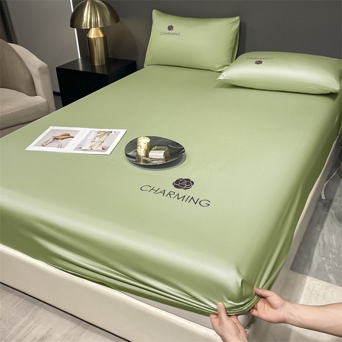 91家纺网 家纺一手货源 找家纺 古吉梦 2024新款水洗真丝冰丝床笠 冰丝-贝拉-豆绿