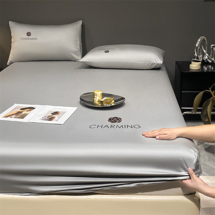 91家纺网 家纺一手货源 找家纺 古吉梦 2024新款水洗真丝冰丝床笠 冰丝-贝拉-浅灰