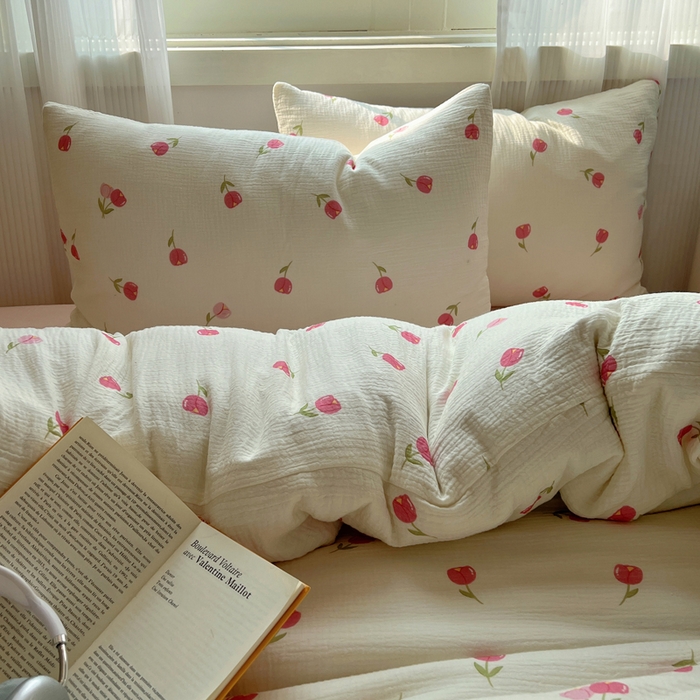 91家纺网 家纺一手货源 找家纺 盼季 2024新款A类母婴级水洗棉床上用品四件套卡通儿童床单被套宿舍三件套 粉色郁金香