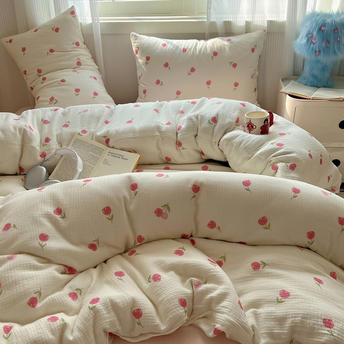 91家纺网 家纺一手货源 找家纺 盼季 2024新款A类母婴级水洗棉床上用品四件套卡通儿童床单被套宿舍三件套 粉色郁金香